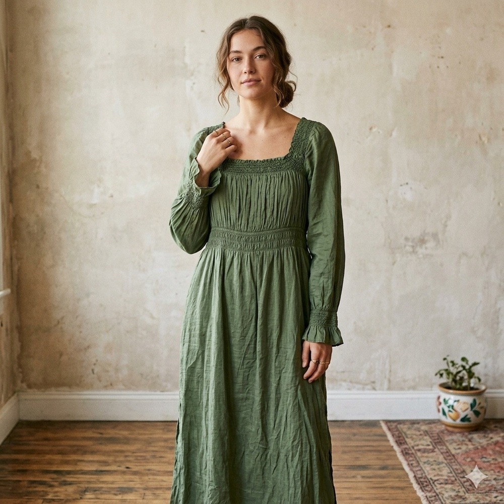 Gap Smocked Midi Dress Womens Medium Green Square Neck Pockets Cottagecore Boho - Picture 1 of 9